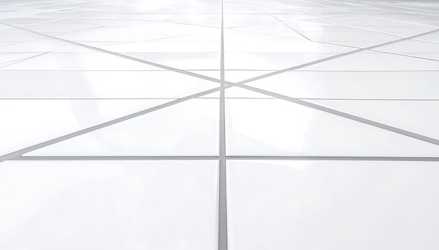 Perspective view of a sterile white tiled floor with intersecting lines and subtle grid pattern, suggesting modern architecture or a clean interior space