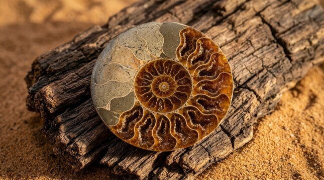 Polished ammonite fossil on weathered wood