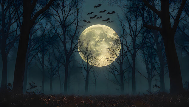 Full moon shining behind trees in a dark forest at night illustration