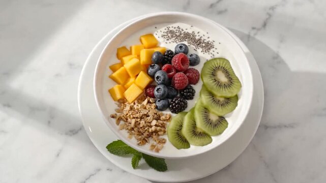 Fresh fruit bowl prepared in a kitchen with yogurt and chia seeds ready to eat