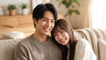 Obraz premium Smiling young couple relaxing together on a cozy sofa in a bright living room, capturing warmth, love, and domestic happiness.