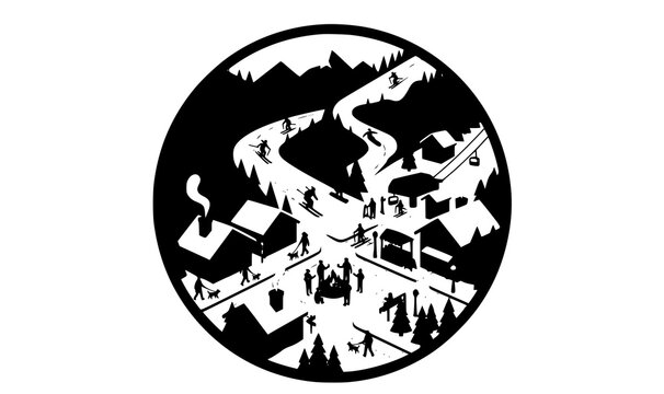Vintage winter resort vector illustration with mountain village community and outdoor snow activity badge