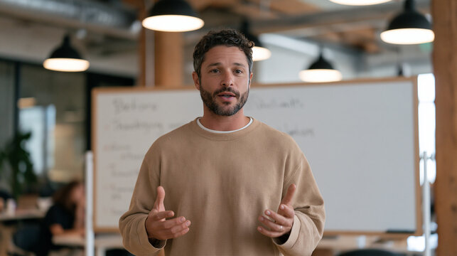 Coding bootcamp instructor stands before a before-and-after whiteboard in an industrial loft classroom, one side showing a student's chaotic Thanksgiving week code commit history,