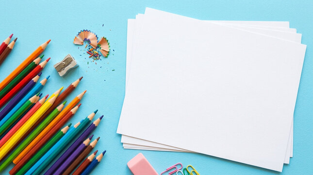Top-down view of blank white paper sheets on a blue surface with colorful pencils, metal sharpener, wood shavings, pink eraser, and multicolored paperclips for school or art.