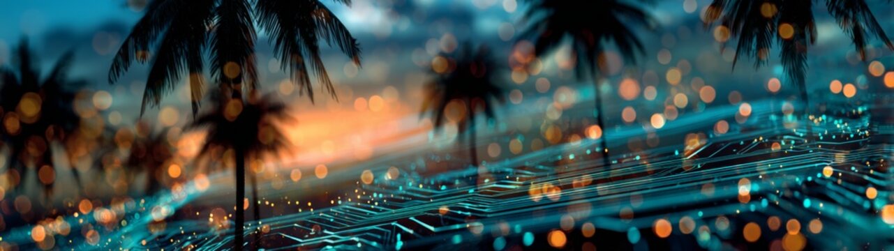 War on the horizon: missile launching above serene palms. Technology progress. Looming war: missiles trace fiery paths over scenic palm landscapes. Ai collaboration. Cognitive computing.