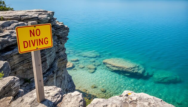 A "NO DIVING" sign on a rocky cliff overlooking clear blue water, indicating a safety warning in a natural landscape.
