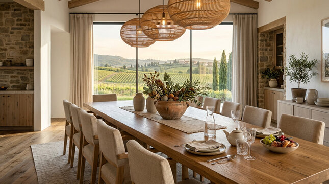 Tuscan Estate Dining Room with Vineyard View and Large Wooden Table