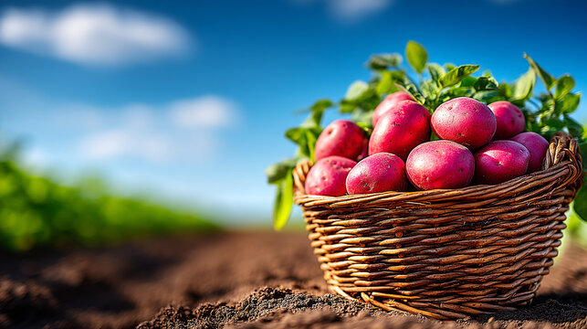 Wicker basket filled with freshly harvested red potatoes in a sunny organic farm field