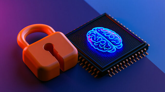 A glowing blue brain icon on a computer chip next to a padlock. Concept of cybersecurity and artificial intelligence.