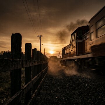 Dynamic motion blur of a retro train journey in rural Japan during sunset.