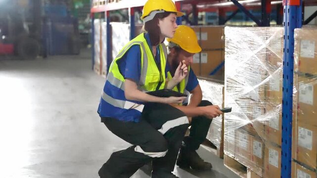 Workers check inventory in a warehouse during the day in a large storage facility