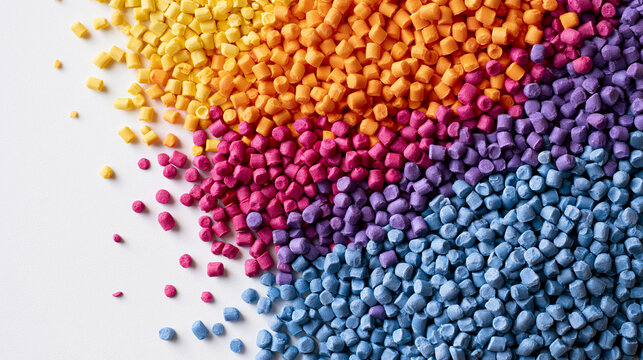 Colorful plastic polymer pellets isolated on white background. Industrial material manufacturing concept for industry.