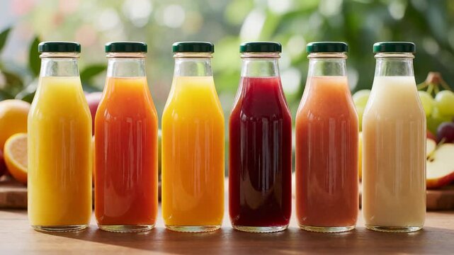 Six glass bottles of various colorful fruit juices arranged in a row on a wooden surface with fresh fruits in the background. 
