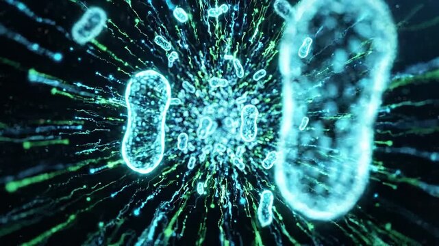 Microscopic bacteria cells moving through digital binary data tunnel. Scientific research of virus particles inside computer network. Futuristic biology simulation.