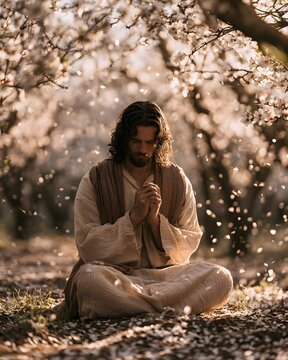 Jesus christ sitting in meditation in a blooming orchard with falling petals, peaceful spiritual atmosphere