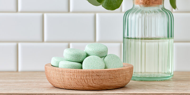 Green dissolving soap refill tablets in a wooden bowl on a kitchen counter with glass bottle