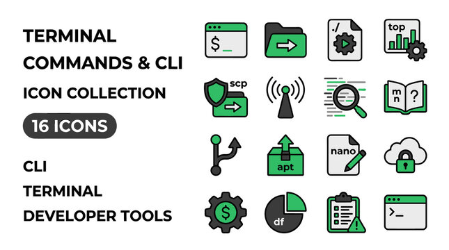 Terminal Commands and CLI Developer Tools Icon Collection Set