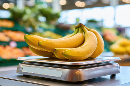 A bunch of ripe yellow bananas placed on a silver digital weighing scale in a brightly lit market setting.