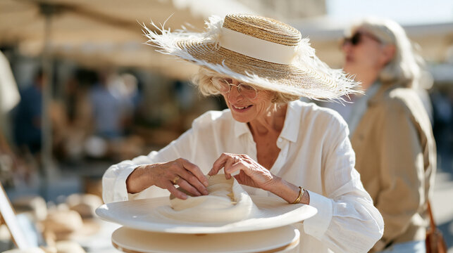 A milliner carefully pinning a sculptural hat form on a display stand under harsh midday sun outside a market stall, candid unposed moment as a passerby pauses mid walk to stare,