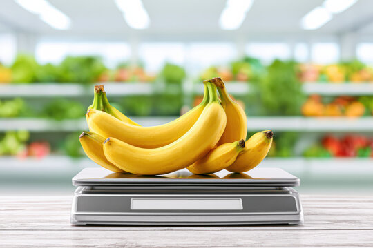 A bunch of ripe bananas displayed on a digital scale in a grocery store with fresh produce blurred in the background.