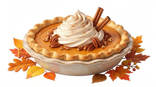 Delicious homemade pumpkin pie topped with whipped cream, pecans, and cinnamon sticks surrounded by colorful autumn leaves