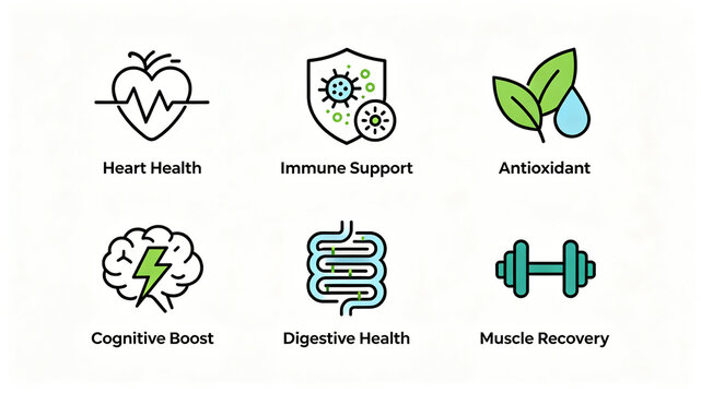 Colorful line dietary health icons represent intestinal care, muscle repair, and cardiovascular care, suitable for health products and e-commerce detail modules.
