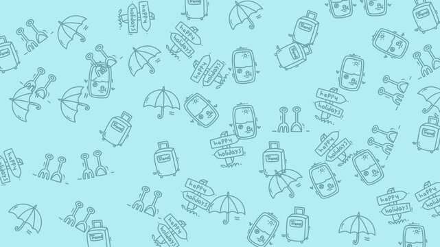 Suitcases and umbrellas are displayed in this seamless travel themed pattern on a light blue background.