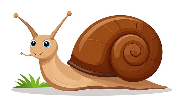 Pixel art snail with brown shell and grass, slow movement and nature concept