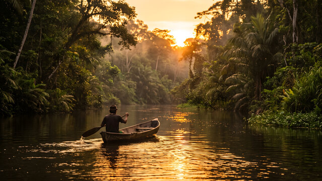 Adventurer paddling a wooden canoe through a lush tropical rainforest river during a golden sunset glow