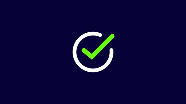 Minimalist animated checkmark appearing inside a circular border on a dark navy blue background, user interface digital task completion, success confirmation, and web ux