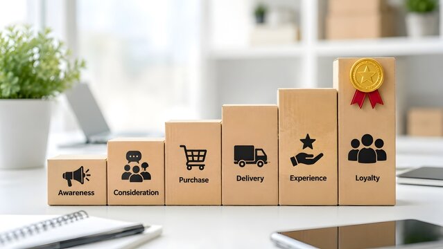 E-commerce customer journey and shipping concept on cardboard boxes. Marketing funnel steps from awareness to loyalty with a gold medal for excellent delivery service.