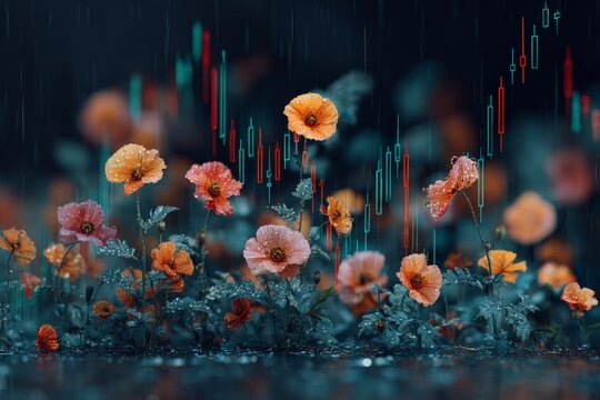 Ethereal spring journey: rain and blossoms in harmony. Bearish trend. Abstract blur of spring's floral dance with fresh raindrops. Risk management. Digital currency.