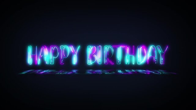 Animation text of Happy Birthday laser neon glitch text effect cinematic title on black abstract backgroud. Includes isolated alpha channel for transparent compositing. Exported in Apple ProRes 4444