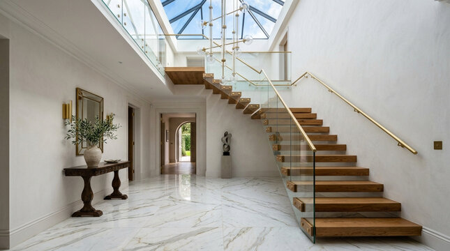 Modern luxury home interior, oak staircase with glass railing, atrium, marble floor, natural light