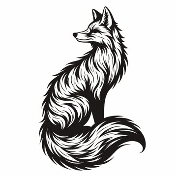 Vintage fox vector illustration, black and white hand drawn wild animal mascot, elegant sitting fox silhouette for logo and apparel design