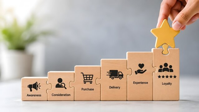 Customer journey map and marketing funnel concept on wooden puzzle stairs. Hand placing a golden star on brand loyalty step for business success and consumer experience.