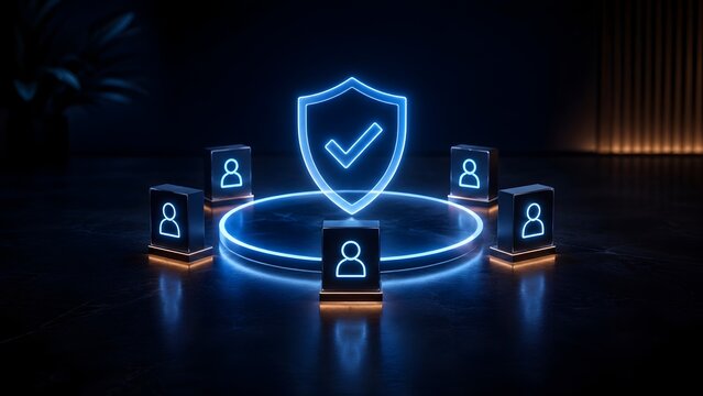 Futuristic digital team security with glowing neon shield checkmark and user profile blocks on dark tech platform