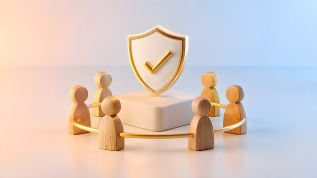 Community protection and social security concept. Wooden figures connected in a circle around a glowing shield with checkmark symbolizing trust, safety, and teamwork.