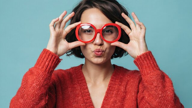 Woman with short dark hair wearing a red sweater and large red glasses