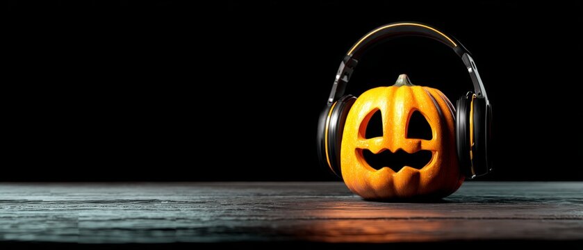 The pumpkin's night shift: spinning halloween tunes. Glamour photo. Eerie groove: pumpkin djs with subtle blue headphones in darkness. Modern design. Creative concept.