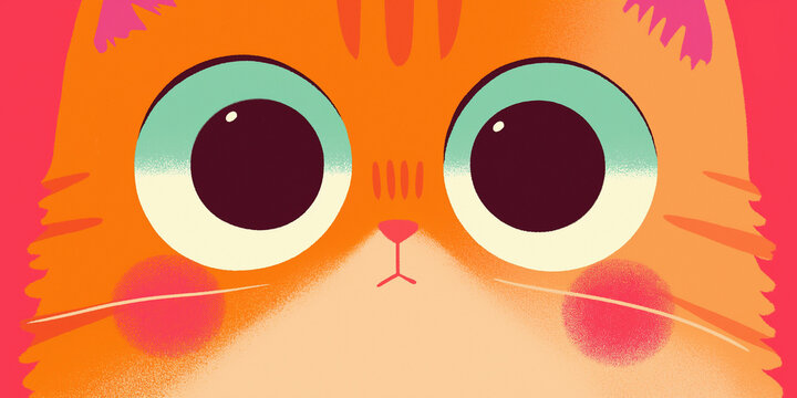 Cute Orange Tabby Cat with Big Eyes in Colorful Close-Up Illustration