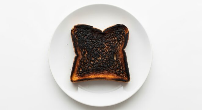 Top View of a Single Slice of Heavily Burnt Toast on a White Plate Isolated on a White Background