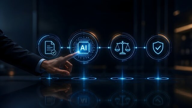 Businessman hand touching holographic AI chip with legal compliance and security icons for ethical artificial intelligence governance