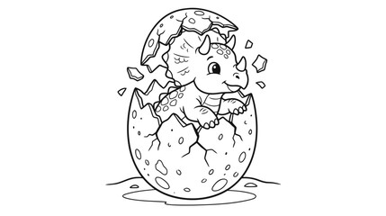 Cute baby triceratops hatching from an egg line art drawing with dinosaur © AIStock Studio