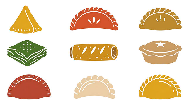 Baked Savory Pastries Meat Pies and Dumplings Flat Vector Icon Set Isolated on White Background