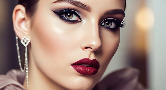 Glamorous makeup with bold red lips and dramatic eye artistry. Close-up portrait of elegantly styled beauty with sophisticated makeup techniques.