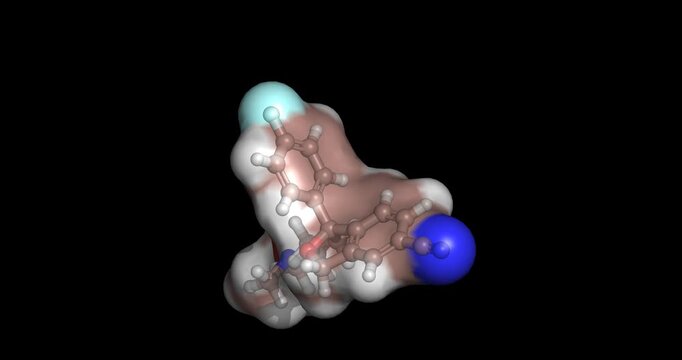 Escitalopram, selective serotonin reuptake inhibitor (SSRI) for depression and anxiety, 3D molecule spinning, 4K