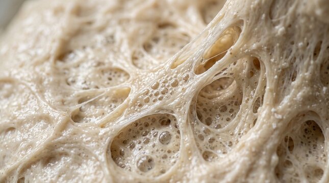 Macro close-up of active sourdough starter, a bubbly fermented dough mixture. Organic yeast culture for baking bread, a vibrant texture for culinary and food photography.