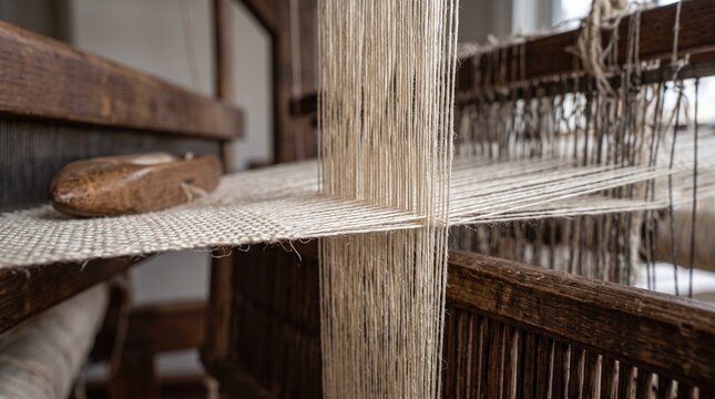 Traditional weaving loom, close-up of natural linen threads and shuttle, rustic textile production, handcrafted fabric creation for artisanal projects