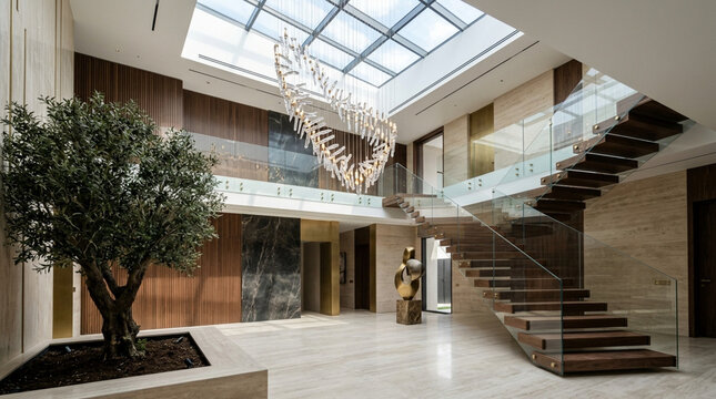 Modern luxury mansion interior with grand staircase, skylight, and live tree